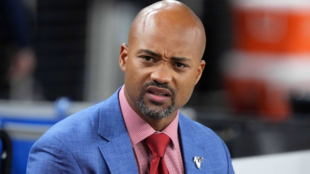 Atlanta Falcons general manager Terry Fontenot reacts during the game against the Las Vegas Raiders at Allegiant Stadium.