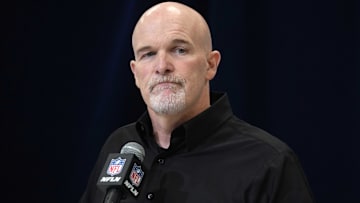 Former Dallas Cowboys defensive coordinator and Washington Commanders coach Dan Quinn speaks during the 2025 NFL Scouting Combine at the Indiana Convention Center.