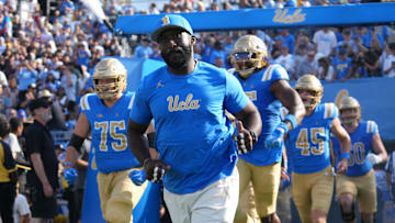 Sep 14, 2024; Pasadena, California, USA; UCLA Bruins head coach DeShaun Foster enters the field before the game against the Indiana Hoosiers at Rose Bowl. Mandatory Credit: Kirby Lee-Imagn Images