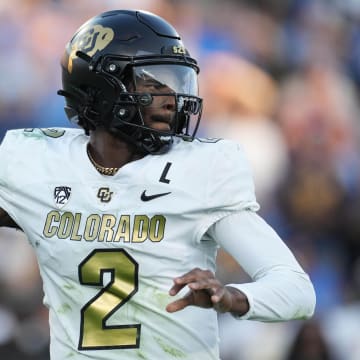 Oct 28, 2023; Pasadena, California, USA; Colorado Buffaloes quarterback Shedeur Sanders (2) throws the ball against the UCLA Bruins in the first half at Rose Bowl.
