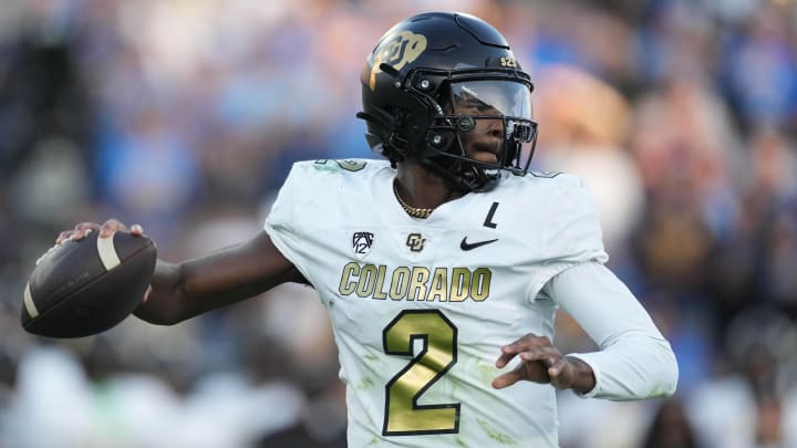 Oct 28, 2023; Pasadena, California, USA; Colorado Buffaloes quarterback Shedeur Sanders (2) throws the ball against the UCLA Bruins in the first half at Rose Bowl.
