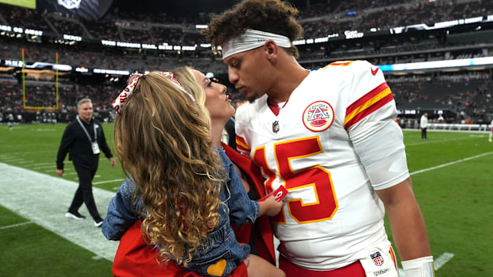 Kansas City Chiefs quarterback Patrick Mahomes (15) interacts with wife Brittany Mahomes and daughter Sterling Mahomes during the game against the Las Vegas Raiders at Allegiant Stadium. Kansas City Chiefs quarterback Patrick Mahomes (15) interacts with wife Brittany Mahomes and daughter Sterling Mahomes during the game against the Las Vegas Raiders at Allegiant Stadium.