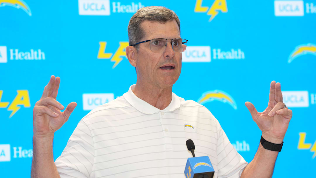 May 7, 2025; El Segundo CA, USA; Los Angeles Chargers coach Jim Harbaugh during press conference at The Bolt. Mandatory Credit: Kirby Lee-Imagn Images