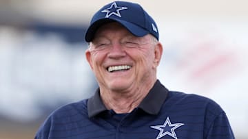 Jul 26, 2025; Oxnard, CA, USA; Dallas Cowboys owner Jerry Jones at training camp at the River Ridge Fields. Mandatory Credit: Kirby Lee-Imagn Images