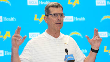 May 7, 2025; El Segundo CA, USA; Los Angeles Chargers coach Jim Harbaugh during press conference at The Bolt. Mandatory Credit: Kirby Lee-Imagn Images