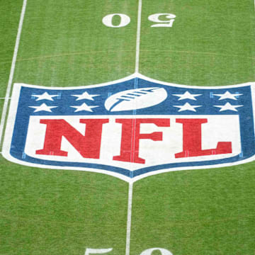 Sep 6, 2024; Sao Paulo, Brazil; The NFL shield logo at midfield at the 2024 NFL Sao Paolo Game at Neo Quimica Arena. Mandatory Credit: Kirby Lee-Imagn Images