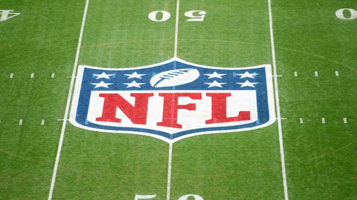 Sep 6, 2024; Sao Paulo, Brazil; The NFL shield logo at midfield at the 2024 NFL Sao Paolo Game at Neo Quimica Arena. Mandatory Credit: Kirby Lee-Imagn Images