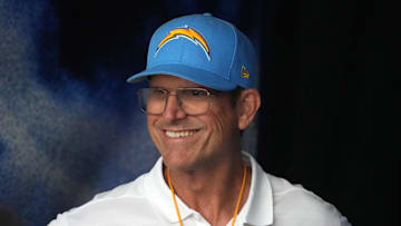 Aug 17, 2024; Inglewood, California, USA; Los Angeles Chargers coach Jim Harbaugh reacts against the Los Angeles Rams in the first half at SoFi Stadium. Harbaugh, a former QB at Palo Alto High School, is one of the 25 new inductees into the California High School Football Hall of Fame. 