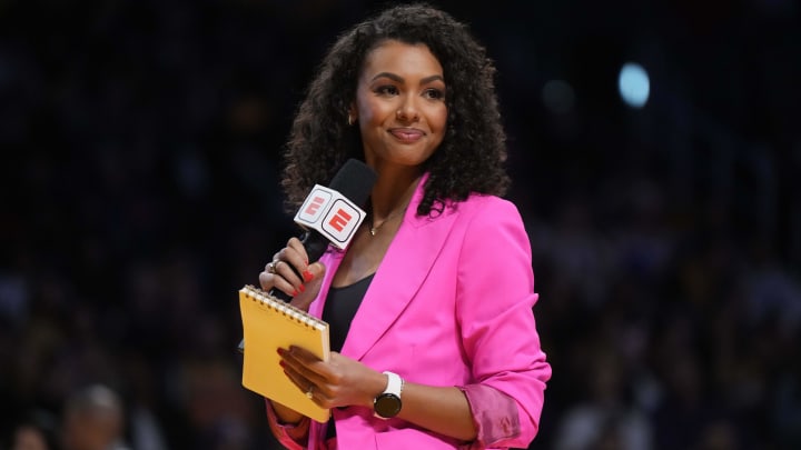 Mar 12, 2023; Los Angeles, California, USA; ESPN sideline reporter Malika Andrews during the game between the Los Angeles Lakers and the New York Knicks at Crypto.com Arena. 