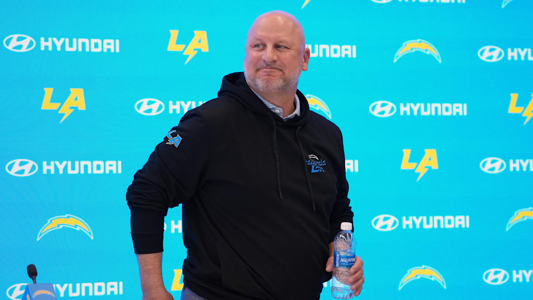 Apr 17, 2025; El Segundo, CA, USA; Los Angeles Chargers general manager Joe Hortiz at press conference at The Bolt. 