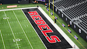 The UNLV Rebels logo in the end zone is seen before the Mountain West Championship between the Boise State Broncos and the UNLV Rebels at Allegiant Stadium. 