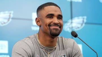 Sep 5, 2024; Sao Paolo, Brazil;  Philadelphia Eagles quarterback Jalen Hurts (1) at press conference at the Neo Química Arena. Mandatory Credit: Kirby Lee-Imagn Images