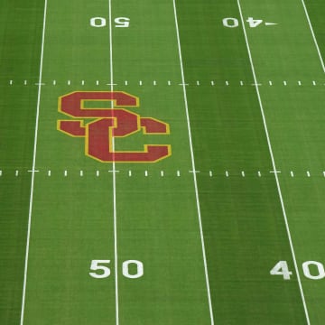 Sep 17, 2022; Los Angeles, California, USA; The SC Trojans logo at midfield at United Airlines Field at Los Angeles Memorial Coliseum before a game between the Fresno State Bulldogs and the Southern California Trojans. Mandatory Credit: Kirby Lee-USA TODAY Sports