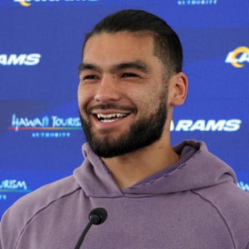 Los Angeles Rams receiver Puka Nacua at press conference during organized team activities at Rams Practice Facility.