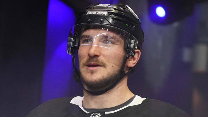 Mar 11, 2025; Los Angeles, California, USA; LA Kings left wing Tanner Jeannot (10) enters the ice against the New York Islanders in the third period at the Crypto.com Arena. Mandatory Credit: Kirby Lee-Imagn Images