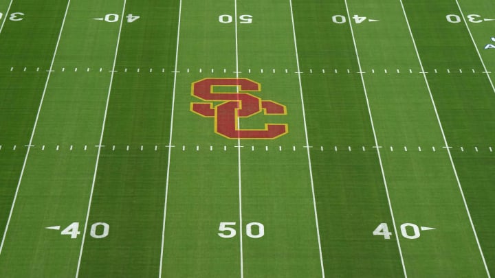 Sep 17, 2022; Los Angeles, California, USA; The SC Trojans logo at midfield at United Airlines Field at Los Angeles Memorial Coliseum before a game between the Fresno State Bulldogs and the Southern California Trojans. Mandatory Credit: Kirby Lee-USA TODAY Sports