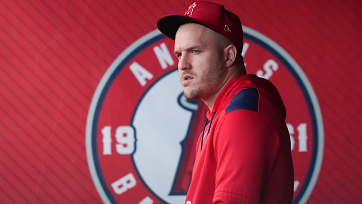 May 9, 2025; Anaheim, California, USA; Los Angeles Angels right fielder Mike Trout watches in the dugout during the game at bat at Angel Stadium. Mandatory Credit: Kirby Lee-Imagn Images