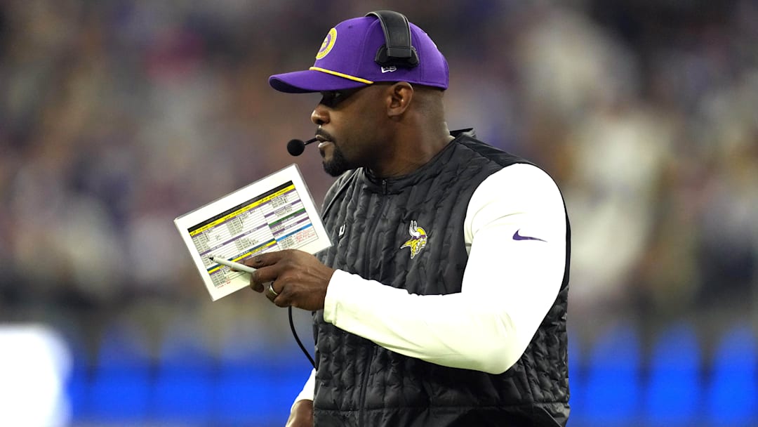 Minnesota Vikings defensive coordinator Brian Flores watches from the sidelines against the Los Angeles Rams in the first half at SoFi Stadium. Minnesota Vikings defensive coordinator Brian Flores watches from the sidelines against the Los Angeles Rams in the first half at SoFi Stadium.