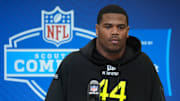 Feb 27, 2025; Indianapolis, IN, USA; Penn State defensive lineman Abdul Carter (DL44) during the 2025 NFL Scouting Combine at the Indiana Convention Center. Mandatory Credit: Kirby Lee-Imagn Images