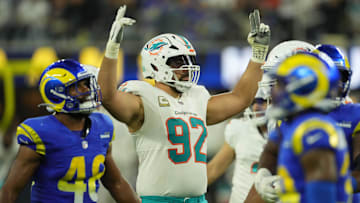 Miami Dolphins defensive tackle Zach Sieler (92) celebrates in the second half against the Los Angeles Rams at SoFi Stadium. 