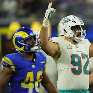 Miami Dolphins defensive tackle Zach Sieler (92) celebrates in the second half against the Los Angeles Rams at SoFi Stadium. 