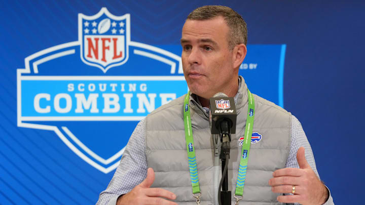 Feb 25, 2025; Indianapolis, IN, USA; Buffalo Bills general manager Brandon Beane speaks during the NFL Scouting Combine at the Indiana Convention Center. Feb 25, 2025; Indianapolis, IN, USA; Buffalo Bills general manager Brandon Beane speaks during the NFL Scouting Combine at the Indiana Convention Center.