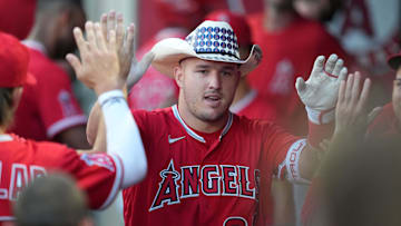 Sep 6, 2022; Anaheim, California, USA;  Los Angeles Angels center fielder Mike Trout (27) wears a