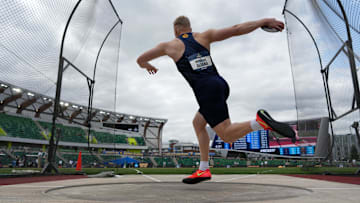 Jun 13, 2025; Eugene, OR, USA; Mykolas Alekna of California places second in the discus at 219-0 (66.77m) during the NCAA Track and Field Championships at Hayward Field. Mandatory Credit: Kirby Lee-Imagn Images