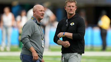 Aug 17, 2024; Inglewood, California, USA; Los Angeles Chargers general manager Joe Hortiz (left) and Los Angeles Rams general manager Les Snead during the game at SoFi Stadium. Mandatory Credit: Kirby Lee-Imagn Images