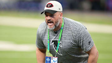 Mar 2, 2025; Indianapolis, IN, USA; Atlanta Falcons offensive line coach Dwayne Ledford during the 2025 NFL Scouting Combine at Lucas Oil Stadium. Mandatory Credit: Kirby Lee-Imagn Images