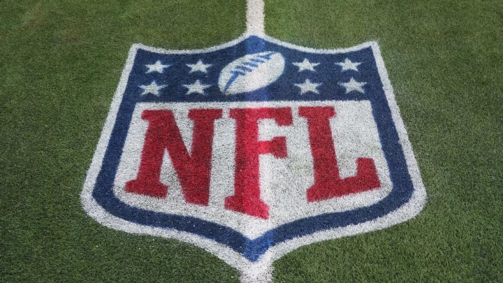 Dec 21, 2023; Inglewood, California, USA; The NFL shield lgo on the field at SoFi Stadium. Mandatory Credit: Kirby Lee-USA TODAY Sports