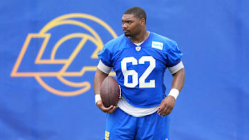 Jun 3, 2025; Woodland Hills, CA, USA; Los Angeles Rams lineman Willie Lampkin (62) during organized team activities at Rams Practice Facility. Mandatory Credit: Kirby Lee-Imagn Images
