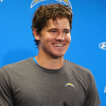 Jun 13, 2024; Costa Mesa, CA, USA; Los Angeles Chargers quarterback Justin Herbert (10) at a press conference during minicamp at the Hoag Performance Center. Mandatory Credit: Kirby Lee-USA TODAY Sports