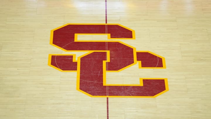 Jan 27, 2024; Los Angeles, California, USA; The Southern California Trojans logo at center court at the Galen Center. Mandatory Credit: Kirby Lee-USA TODAY Sports