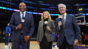 Jan 17, 2024; Los Angeles, California, USA; ESPN analysts Doc Rivers (left) and Doris Burke (center) and play-by-play announcer Mike Breen during the game between the Los Angeles Lakers and the Dallas Mavericks at Crypto.com Arena. Mandatory Credit: Kirby Lee-USA TODAY Sports