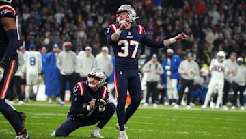 Nov 12, 2023; Frankfurt, Germany; New England Patriots place kicker Chad Ryland (37) kicks a 24-yard field goal out of the hold of punter Bryce Baringer (17) against the Indianapolis Colts in the second half during an NFL International Series game at Deutsche Bank Park.