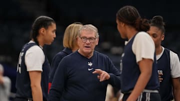 Apr 3, 2025; Tampa, FL, USA; UConn Huskies head coach Geno Auriemma during practice at Amalie Arena. Mandatory Credit: Kirby Lee-Imagn Images