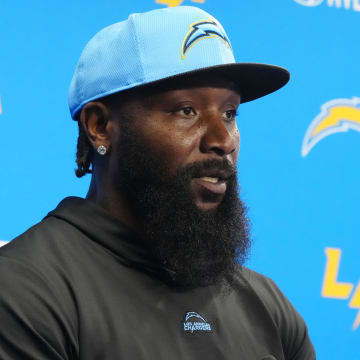 Los Angeles Chargers linebackers coach NaVorro Bowman during a press conference at the Hoag Performance Center. Mandatory Credit: Kirby Lee-USA TODAY Sports