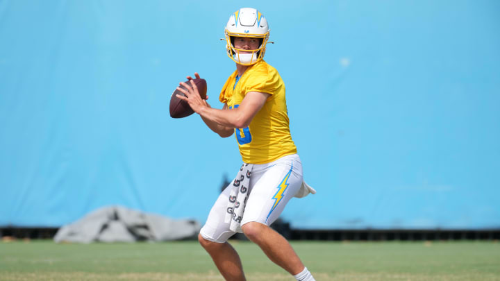 Jun 13, 2024; Costa Mesa, CA, USA; Los Angeles Chargers quarterback Justin Herbert (10) throws the ball during minicamp at the Hoag Performance Center. Mandatory Credit: Kirby Lee-USA TODAY Sports