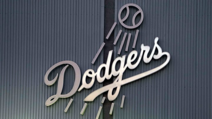 Jul 15, 2020; Los Angeles, California, United States; A general overall view of the Los Angeles Dodgers logo at Dodger Stadium. Mandatory Credit: Kirby Lee-USA TODAY Sports