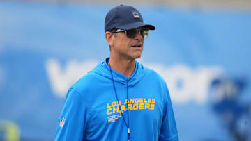 Jul 21, 2025; El Segundo, CA, USA; Los Angeles Chargers coach Jim Harbaugh at training camp at The Bolt. Mandatory Credit: Kirby Lee-Imagn Images