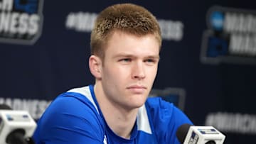Mar 22, 2025; Wichita, KS, USA; Drake Bulldogs guard Bennett Stirtz during press conference at Intrust Bank Arena. Mandatory Credit: Kirby Lee-Imagn Images