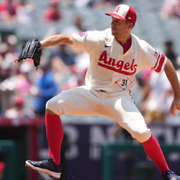 Jun 8, 2025; Anaheim, California, USA; Los Angeles Angels starting pitcher Tyler Anderson (31) throws in the first inning against the Seattle Mariners at Angel Stadium. Mandatory Credit: Kirby Lee-Imagn Images