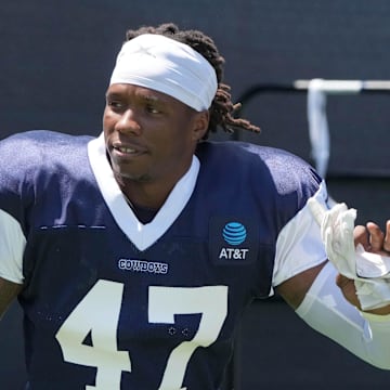 Jul 27, 2025; Oxnard, CA, USA; Dallas Cowboys linebacker Darius Harris (47) at training camp at the River Ridge Fields. Mandatory Credit: Kirby Lee-Imagn Images