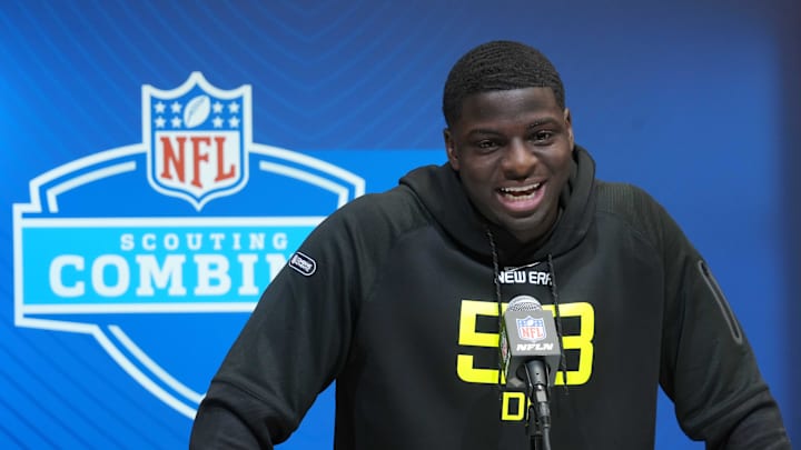 Feb 27, 2025; Indianapolis, IN, USA; UCLA defensive lineman Oluwafemi Oladejo (DL58) during the 2025 NFL Scouting Combine at the Indiana Convention Center. Mandatory Credit: Kirby Lee-Imagn Images Feb 27, 2025; Indianapolis, IN, USA; UCLA defensive lineman Oluwafemi Oladejo (DL58) during the 2025 NFL Scouting Combine at the Indiana Convention Center. Mandatory Credit: Kirby Lee-Imagn Images