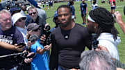 Dallas Cowboys defensive end Micah Parsons and cornerback Trevon Diggs talks to media during NFL training camp