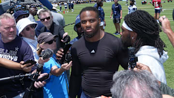 Dallas Cowboys defensive end Micah Parsons and cornerback Trevon Diggs talks to media during NFL training camp