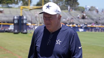 Jul 27, 2023; Oxnard, CA, USA; Dallas Cowboys owner Jerry Jones during training camp at Marriott Residence Inn-River Ridge Playing Fields. Mandatory Credit: Kirby Lee-Imagn Images