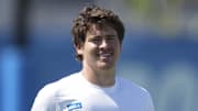 May 20, 2025; El Segundo, CA, USA; Los Angeles Chargers quarterback Justin Herbert (10) looks on during offseason workouts at The Bolt. Mandatory Credit: Kirby Lee-Imagn Images