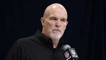 Feb 27, 2025; Indianapolis, IN, USA; Washington Commanders coach Dan Quinn speaks during the 2025 NFL Scouting Combine at the Indiana Convention Center. Mandatory Credit: Kirby Lee-Imagn Images